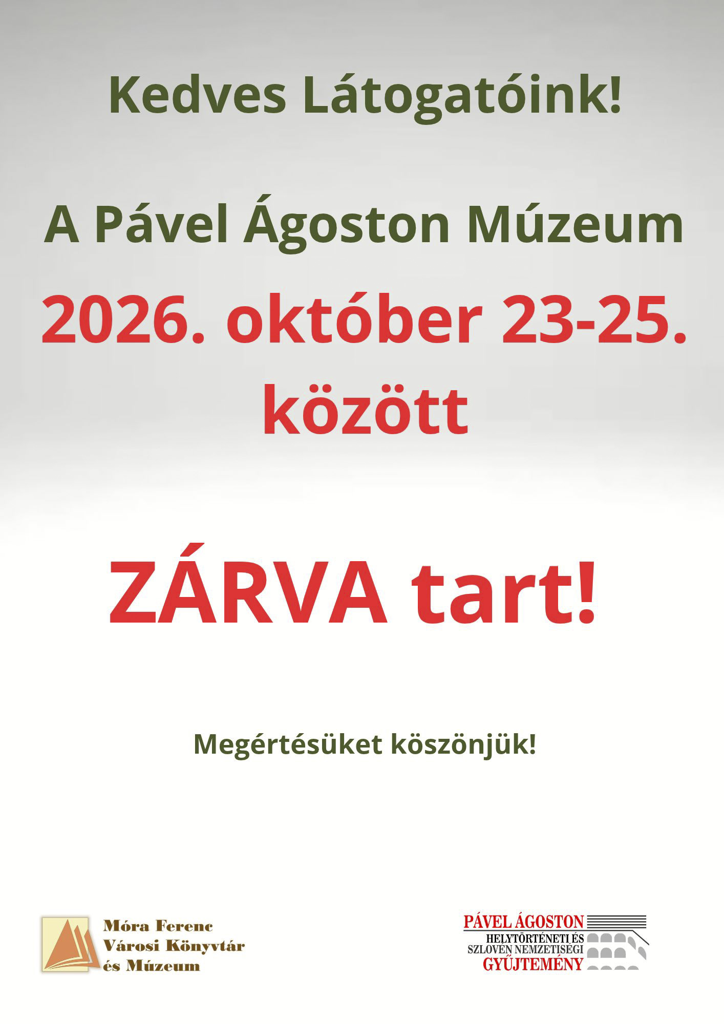 Október 23-25. között zárva a Múzeum